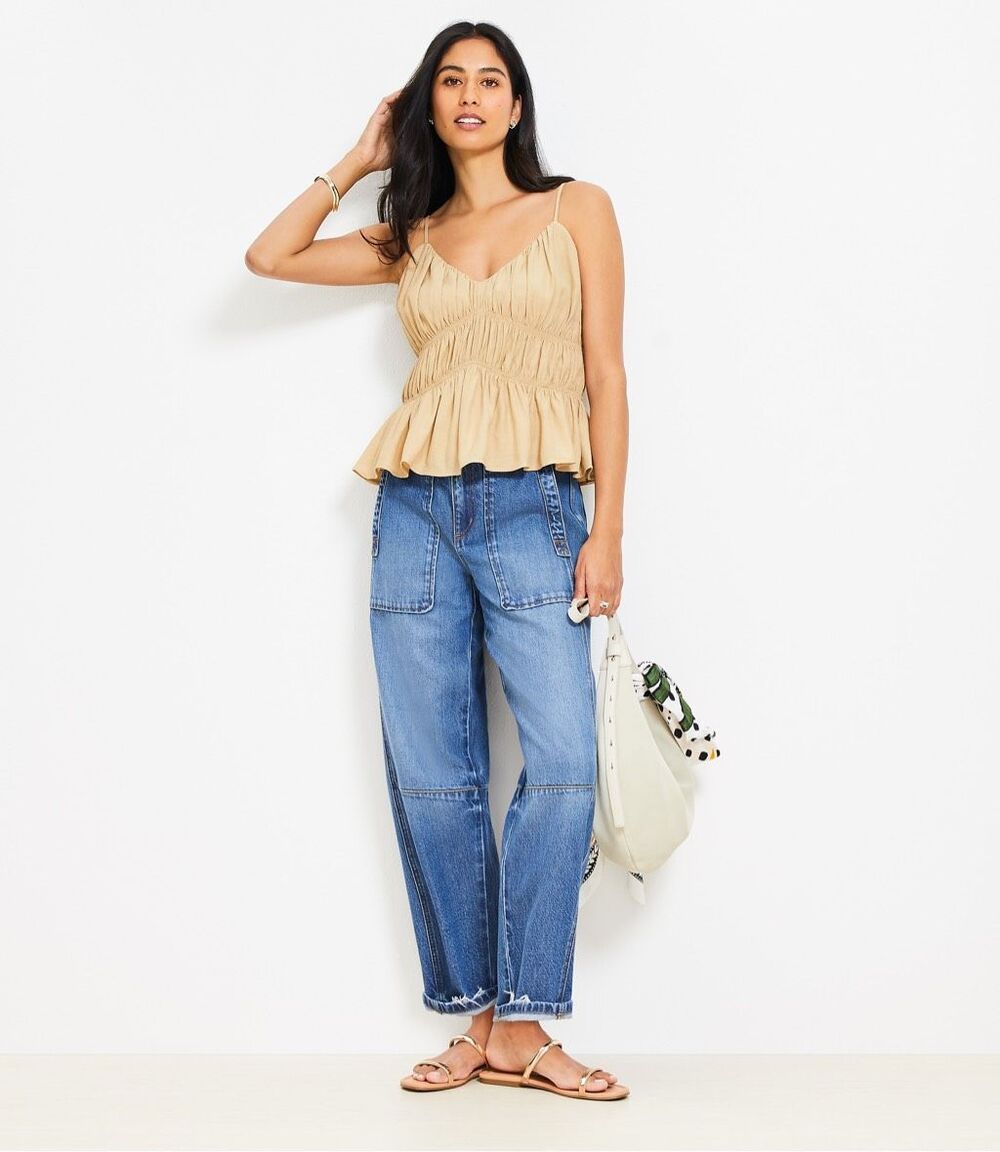 LOFT Smocked V-Neck Peplum Cami In  Soft Straw/Tan